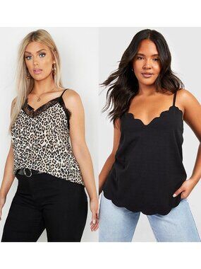 BOOHOO Cami Top Bundle - Black Scallop & Leopard Lace, Size 16 (L)